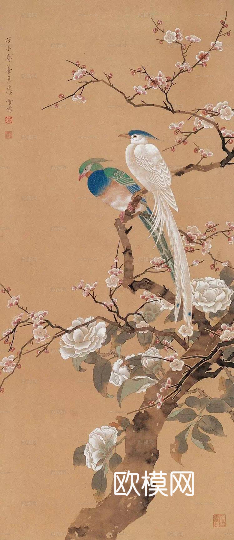 中式国画工笔花鸟画卷壁画挂画贴图