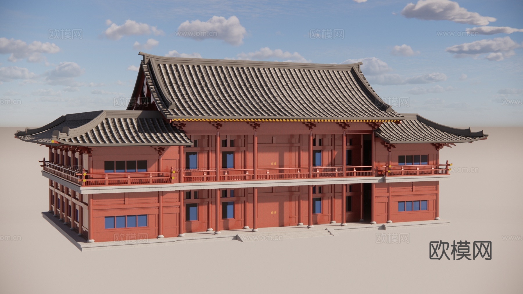 仿古独栋酒店住宅自建房别墅民宿仿古建筑悬山顶盝顶su模型