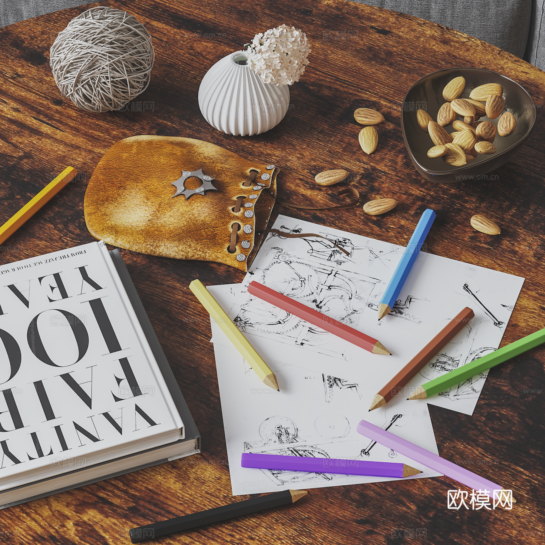 美式桌面摆件 复古摆设 铅笔 坚果 皮质袋子3d模型