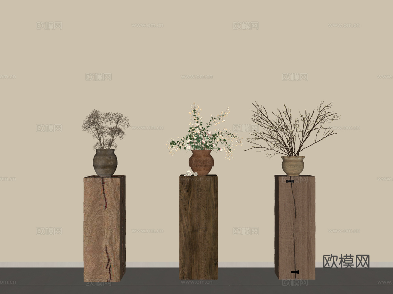 中古侘寂绿植摆件 干枝绿植 干枝盆栽 陶罐花瓶 侘寂风盆栽摆su模型