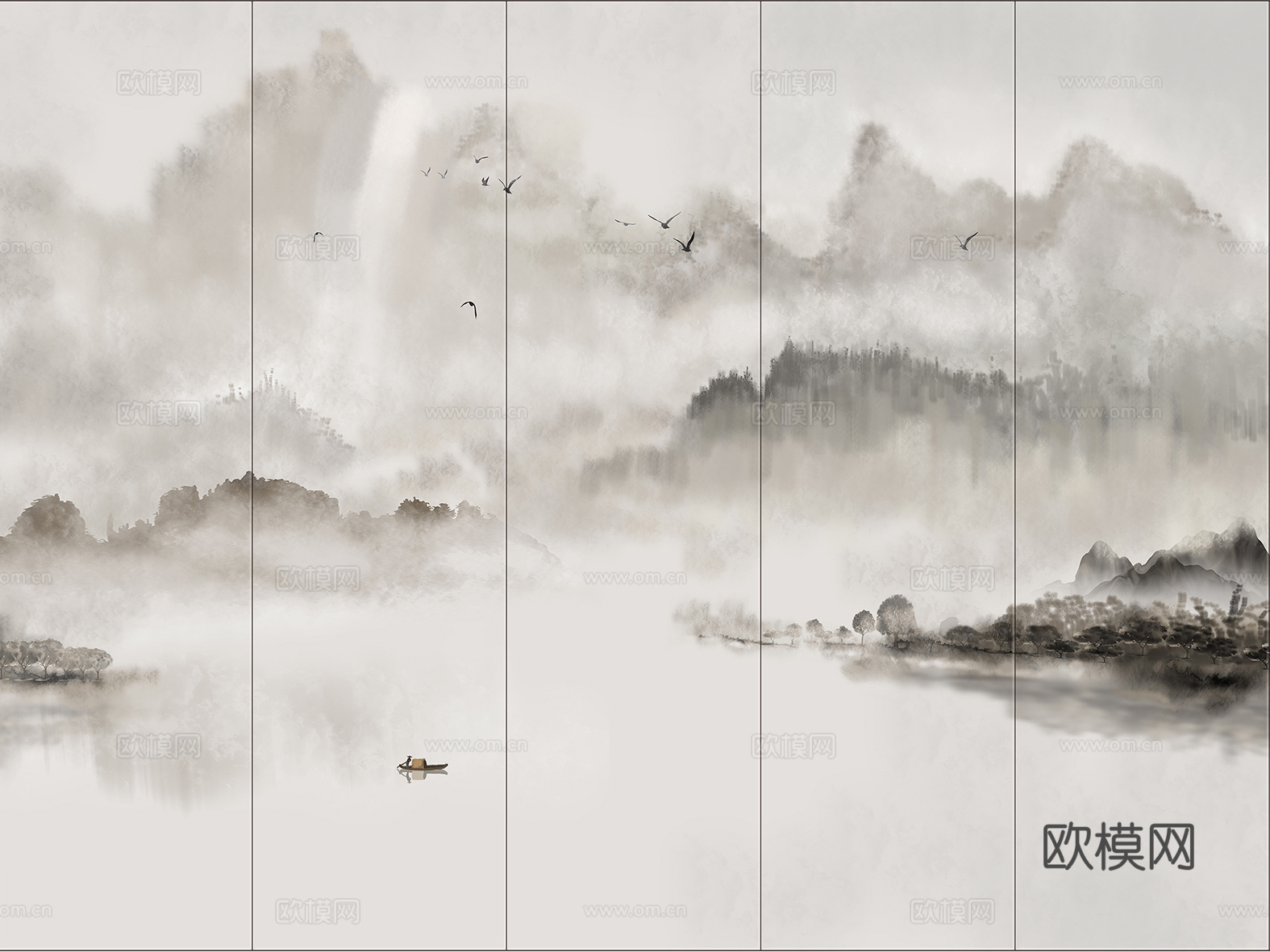 中式新中式山水壁纸壁画贴图
