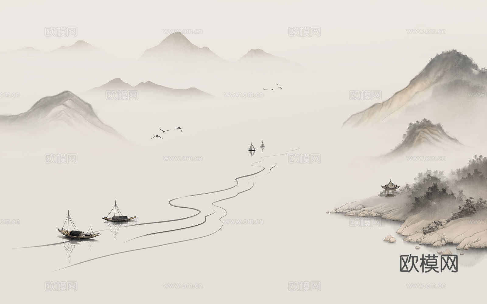 高清中式新中式山水壁画壁纸