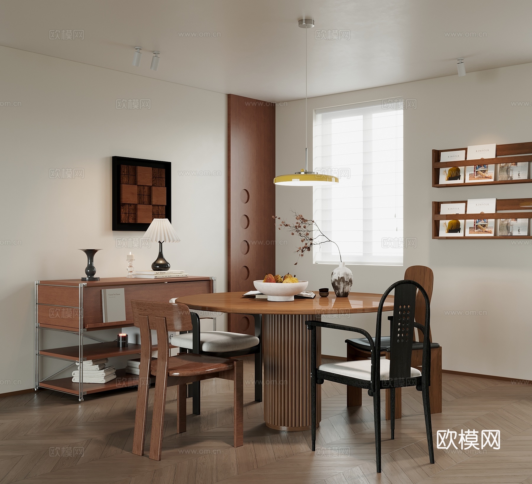 中古风餐厅 餐桌椅 边柜 置物架3d模型
