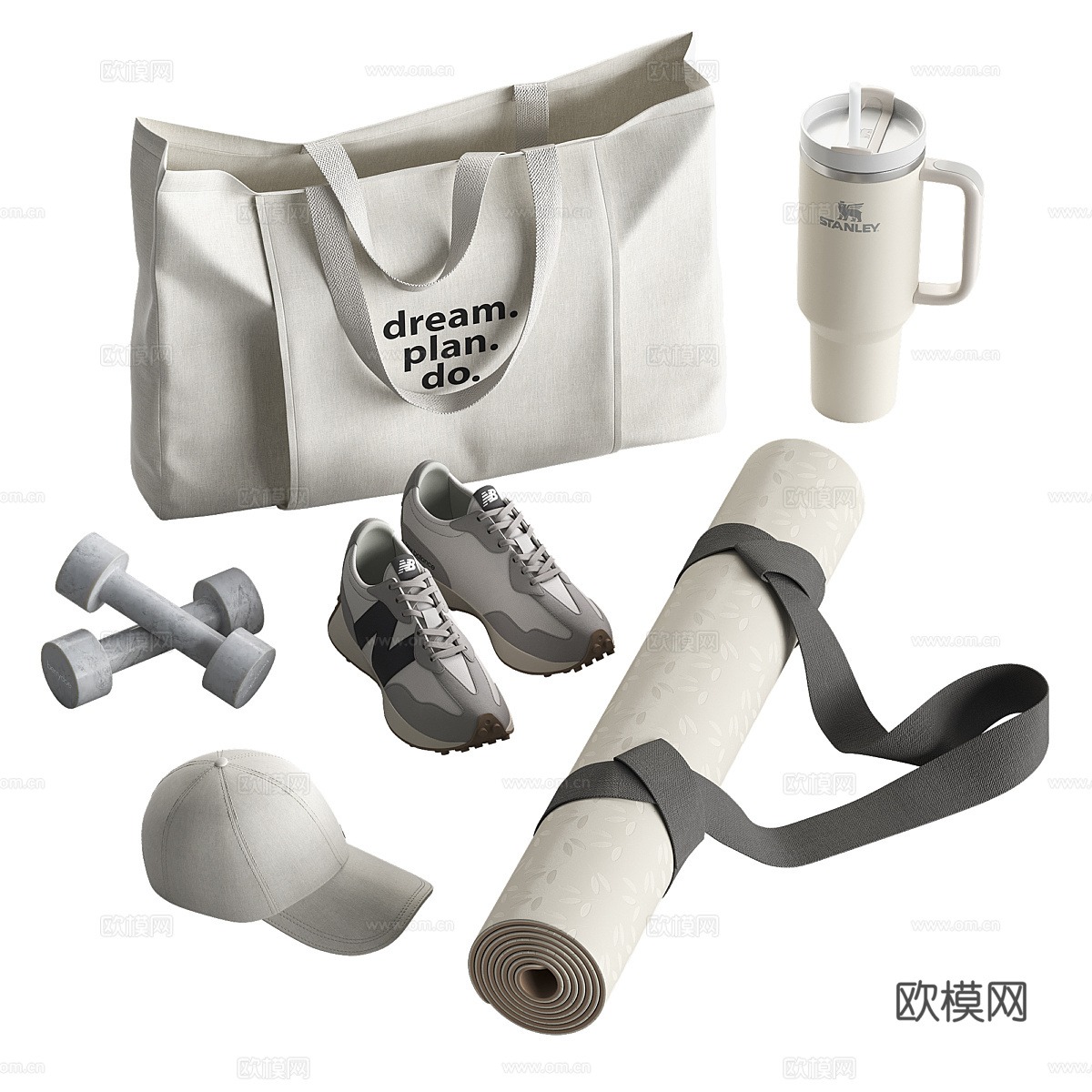 现代奶油风健身服饰鞋帽套装3d模型