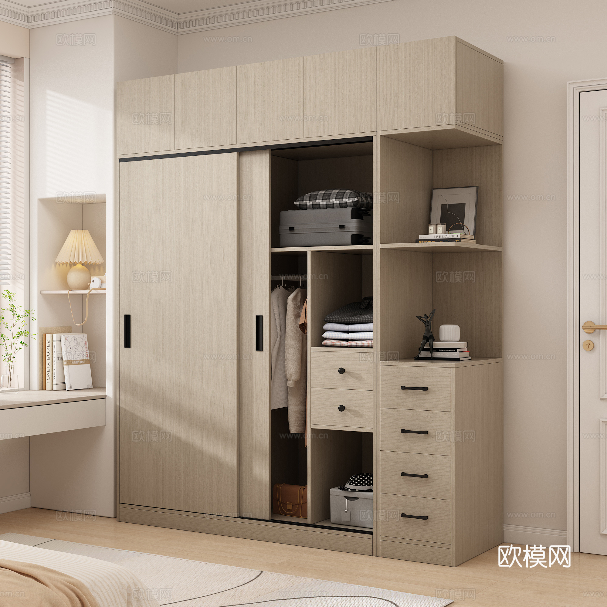 现代衣柜 推拉门衣柜 衣服 包包  床 卧室衣柜3d模型