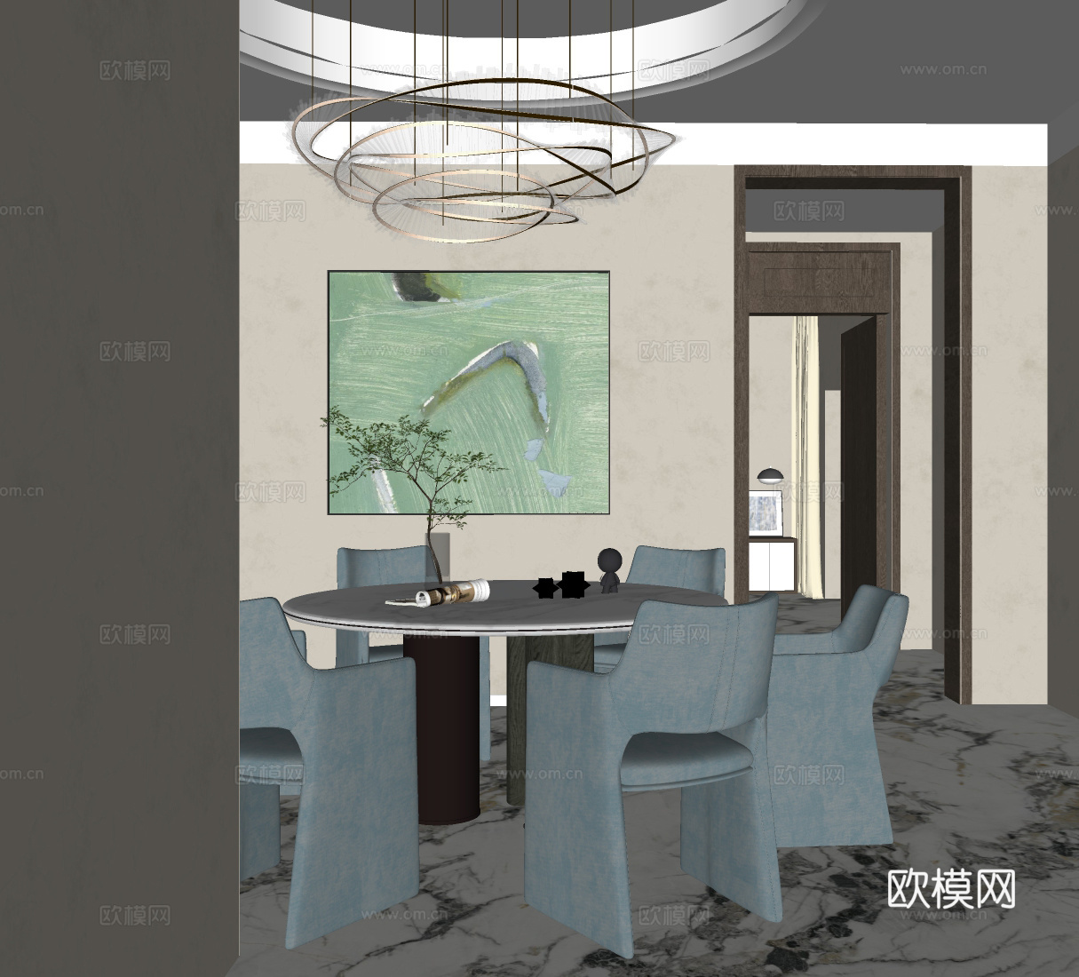 现代家居餐厅 餐厅包房 餐桌椅组合 吊灯su模型