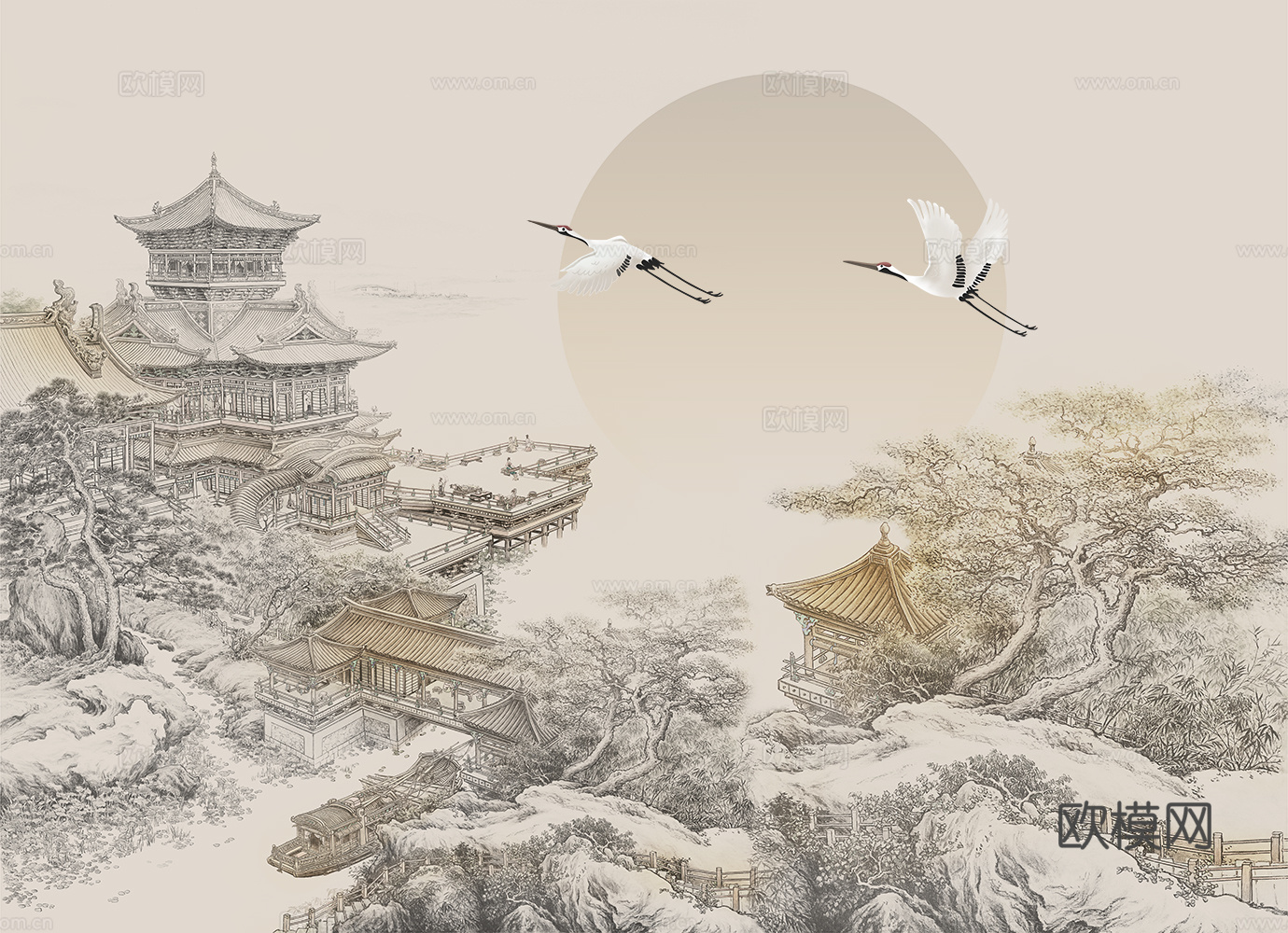 高清中式新中式山水楼阁壁画壁纸