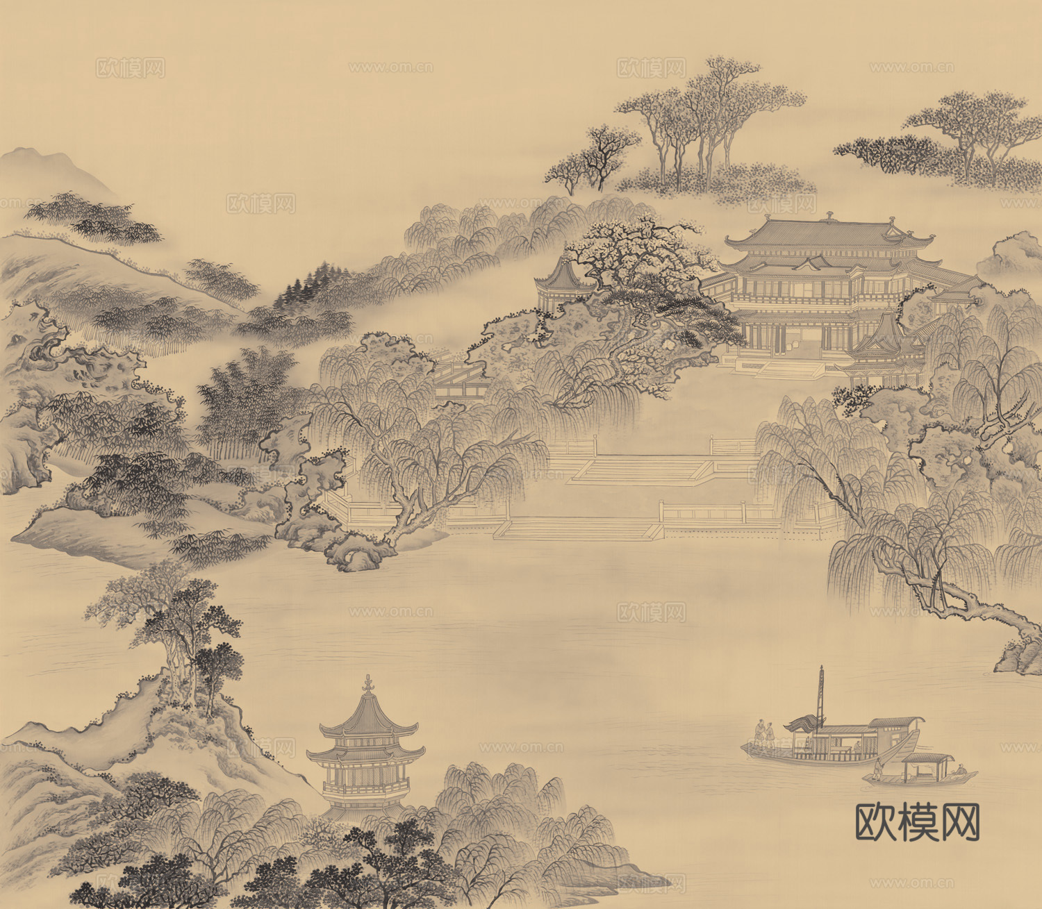 高清中式新中式山水建筑壁纸壁画