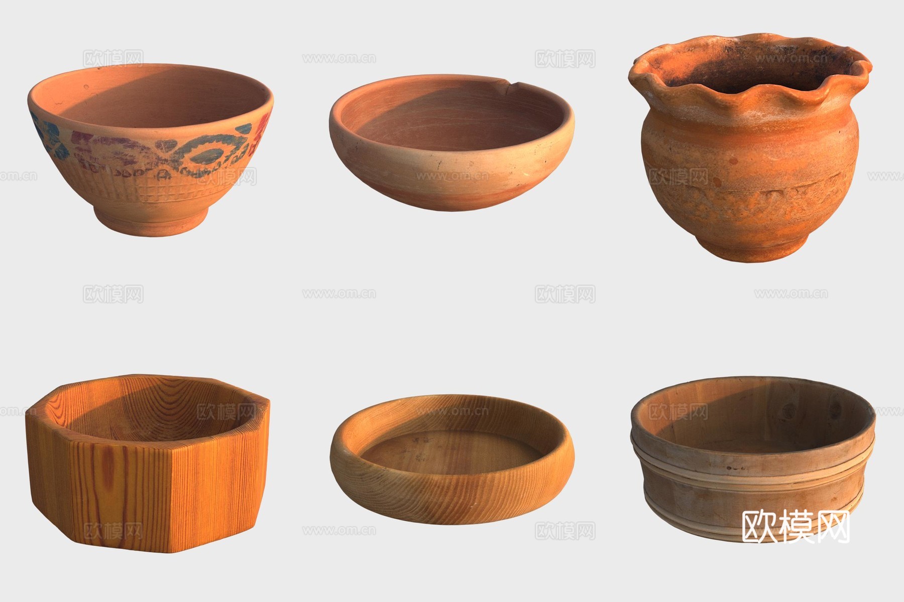 古代陶器木制品 木盆陶碗3d模型