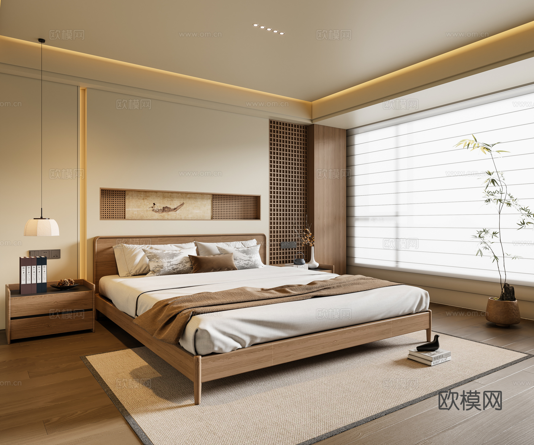 新中式卧室 实木双人床 床头柜 吊灯 挂画3d模型