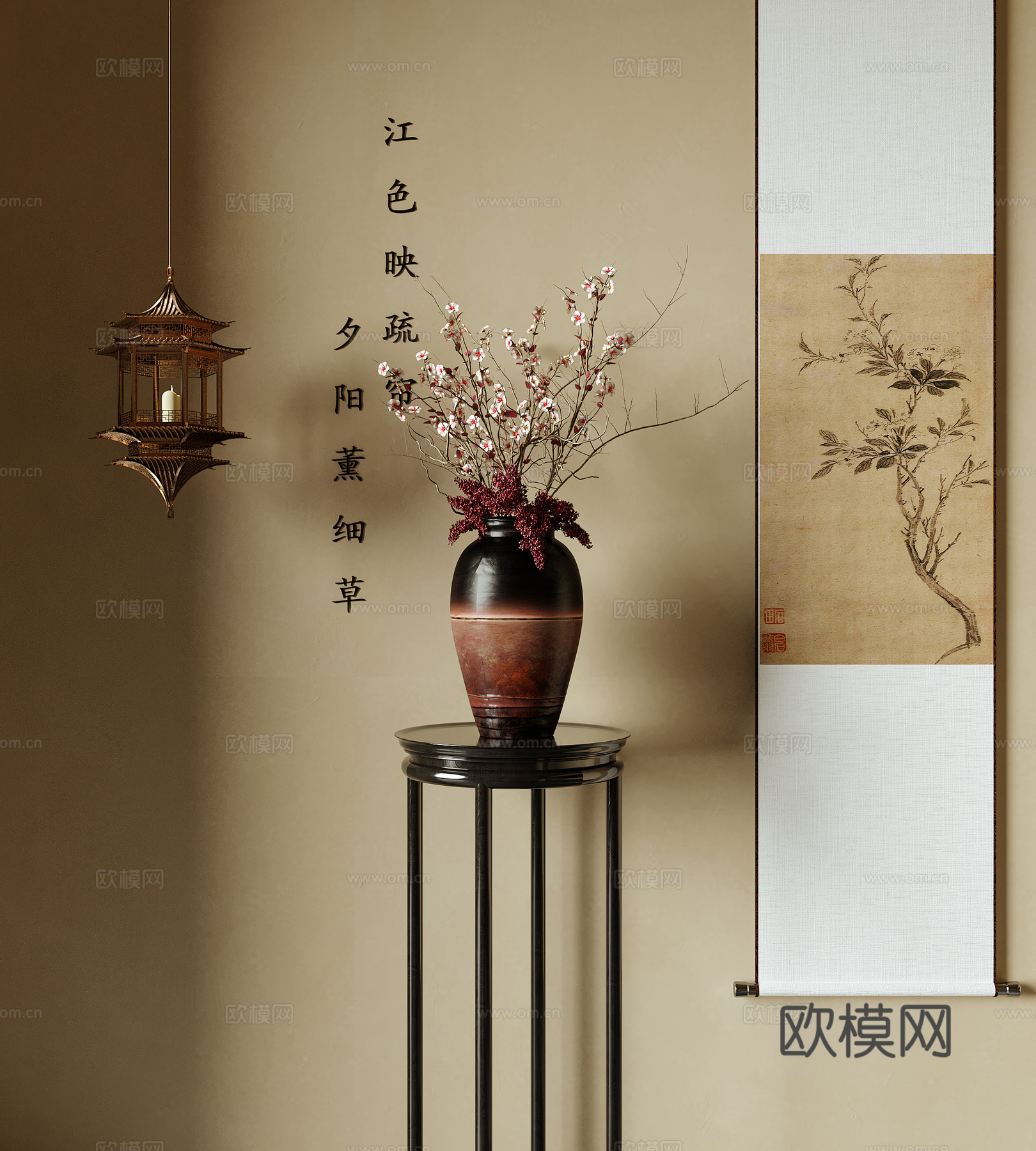 新中式花瓶花艺 插花花艺 挂画 吊灯3d模型
