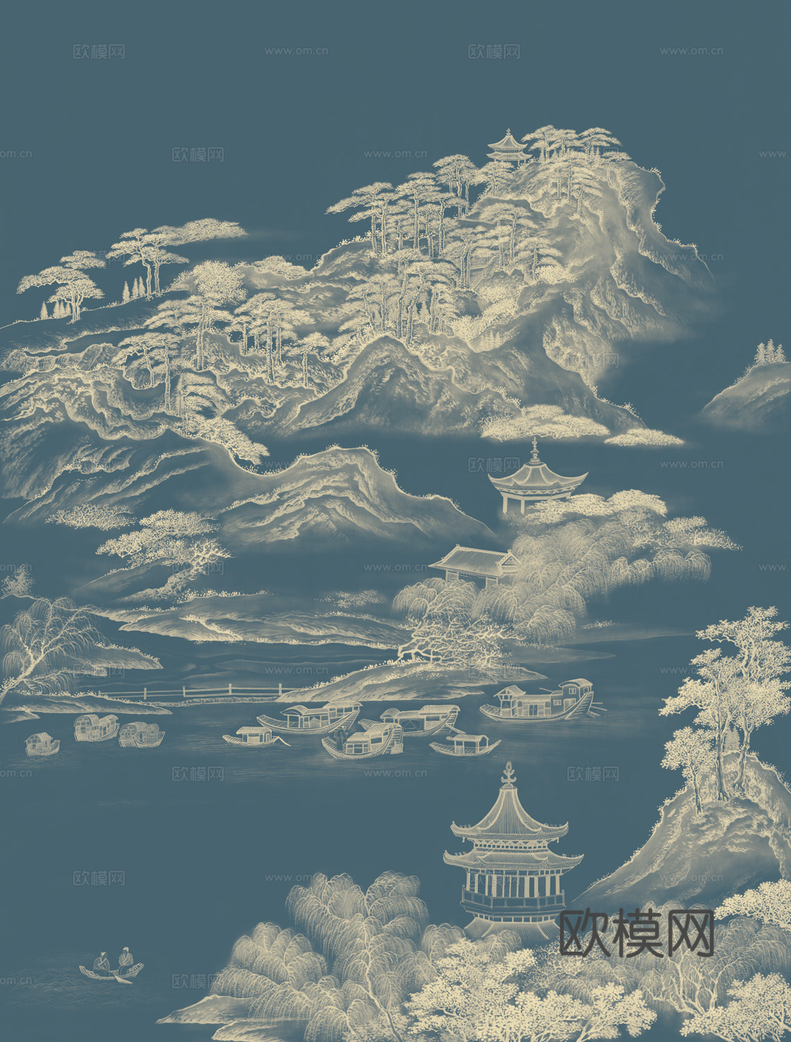高清中式新中式山水建筑壁纸壁画