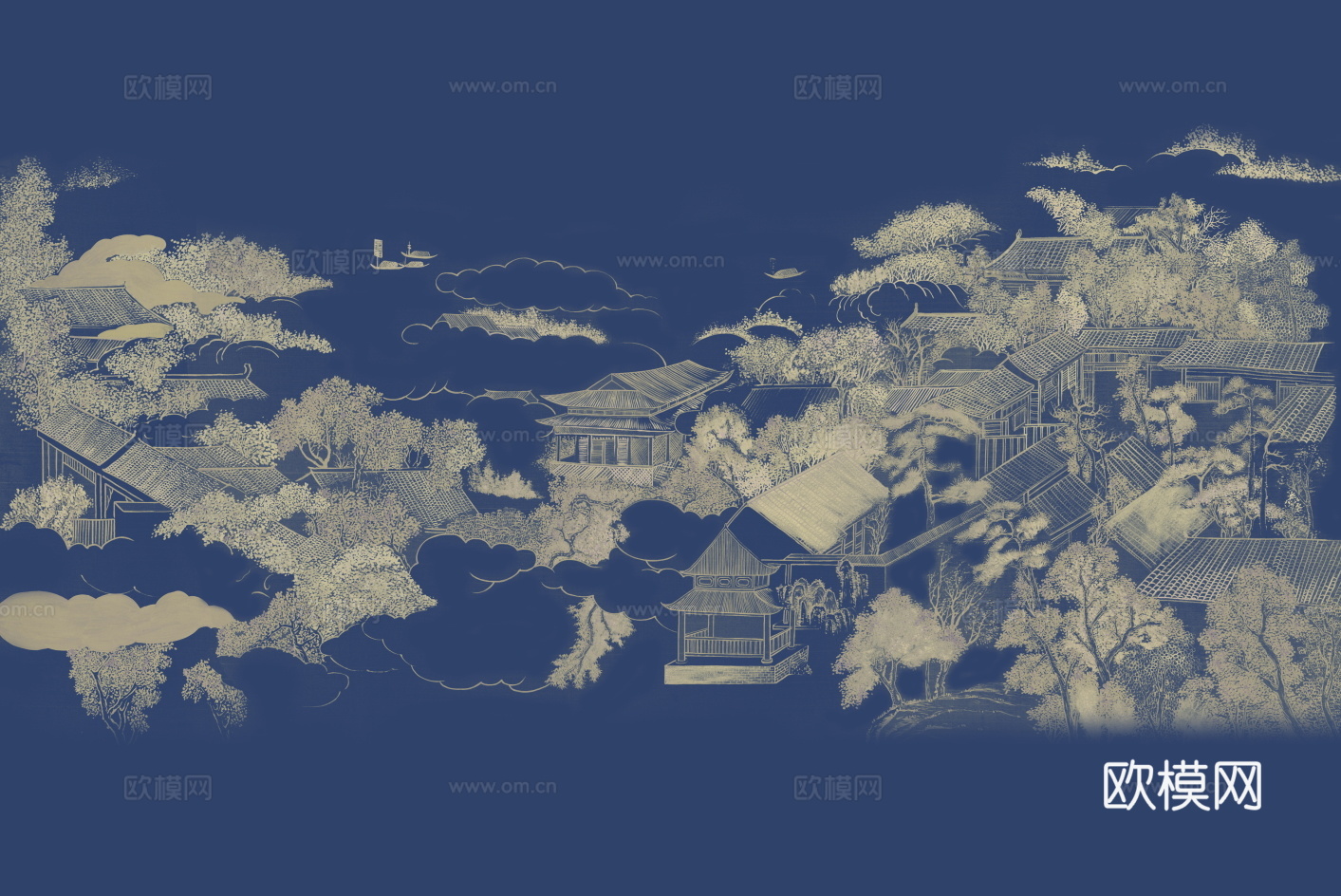 高清中式新中式山水建筑壁纸壁画