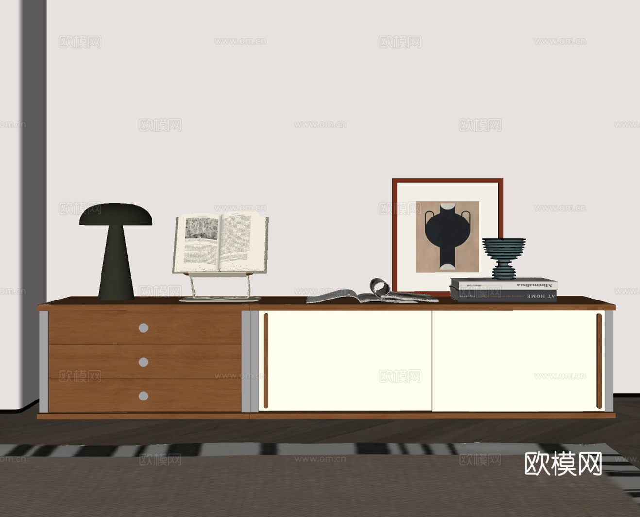 现代中古实木电视柜su模型