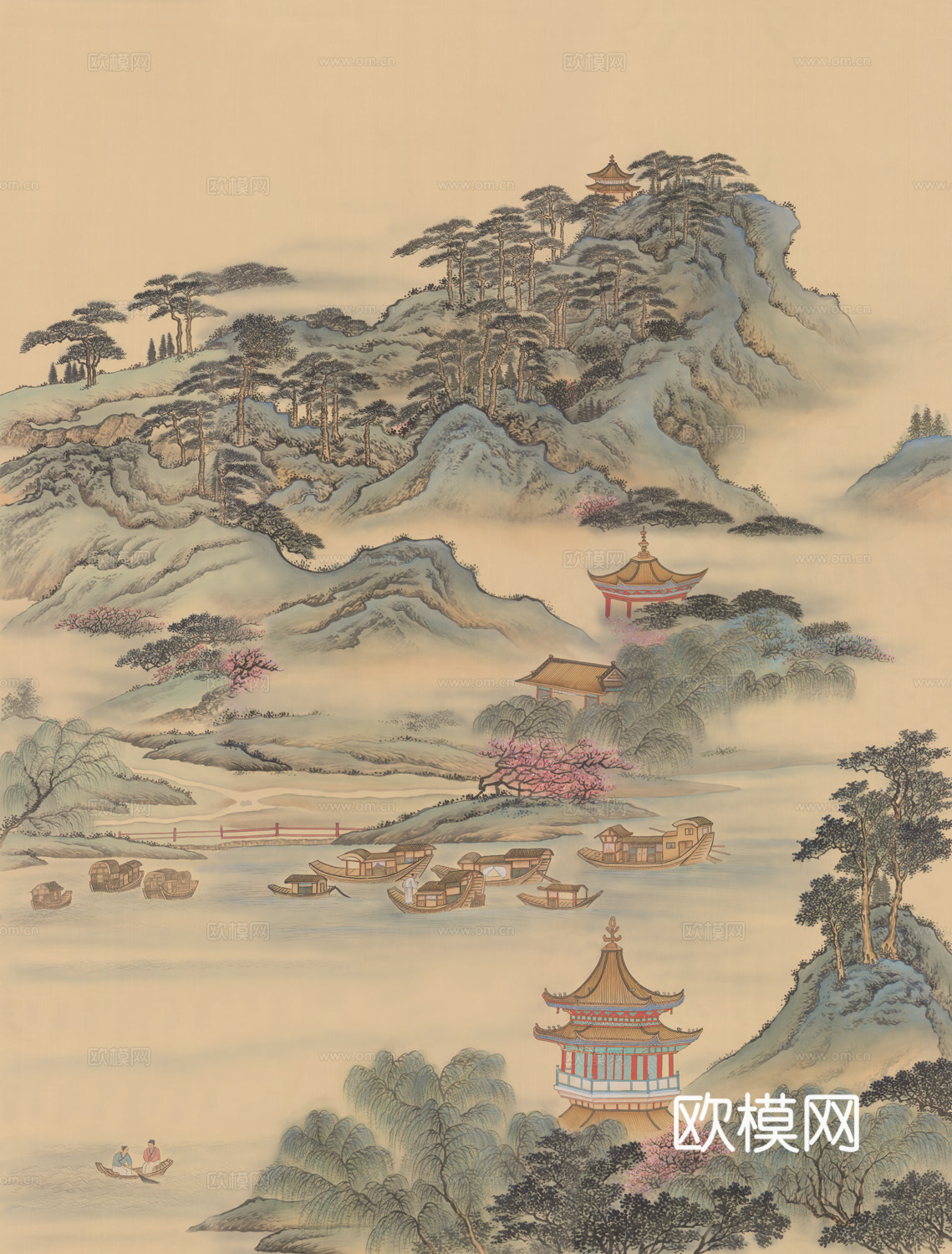 高清中式新中式山水建筑壁纸壁画