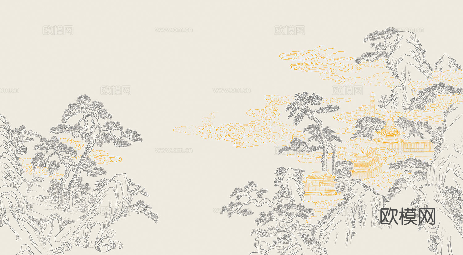 高清中式新中式山水建筑壁纸壁画