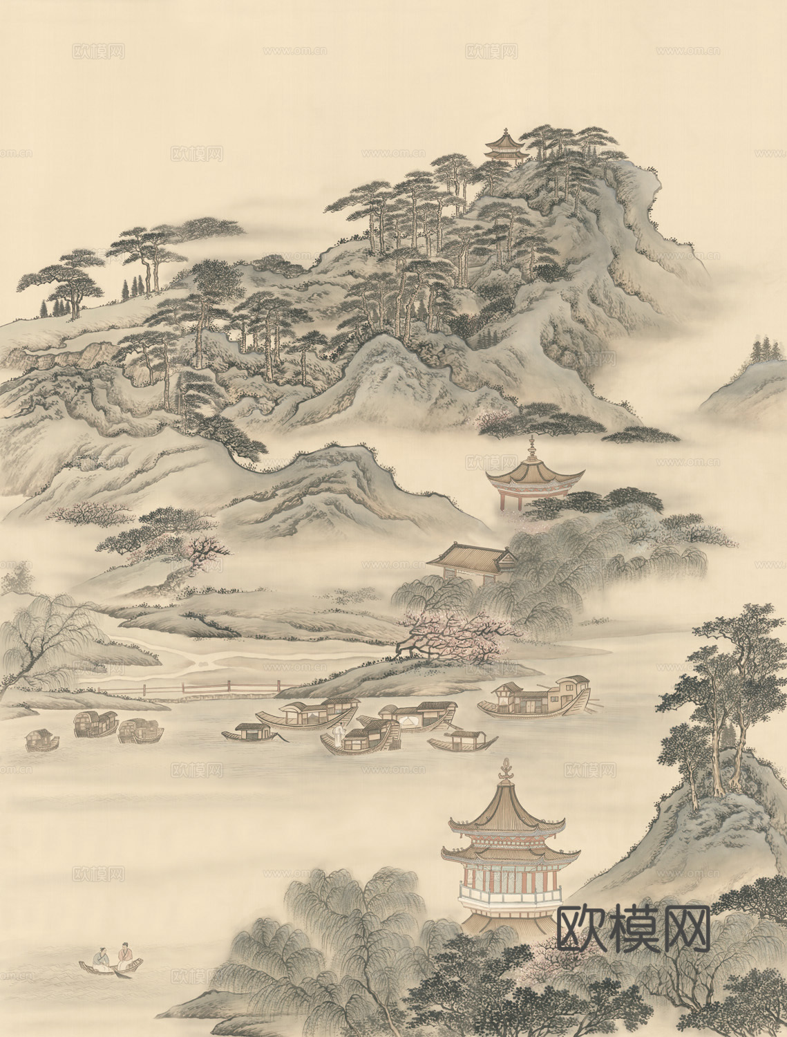 高清中式新中式山水建筑壁纸壁画