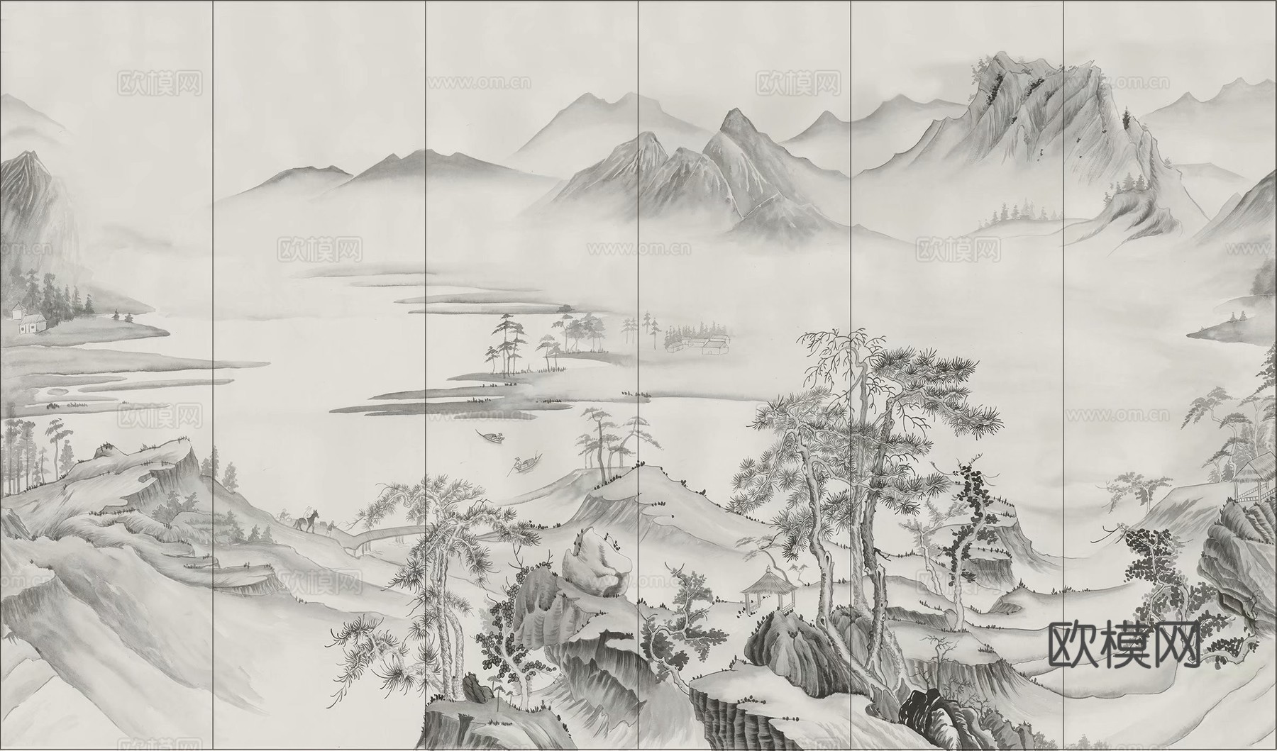 高清中式新中式山水建筑壁纸壁画