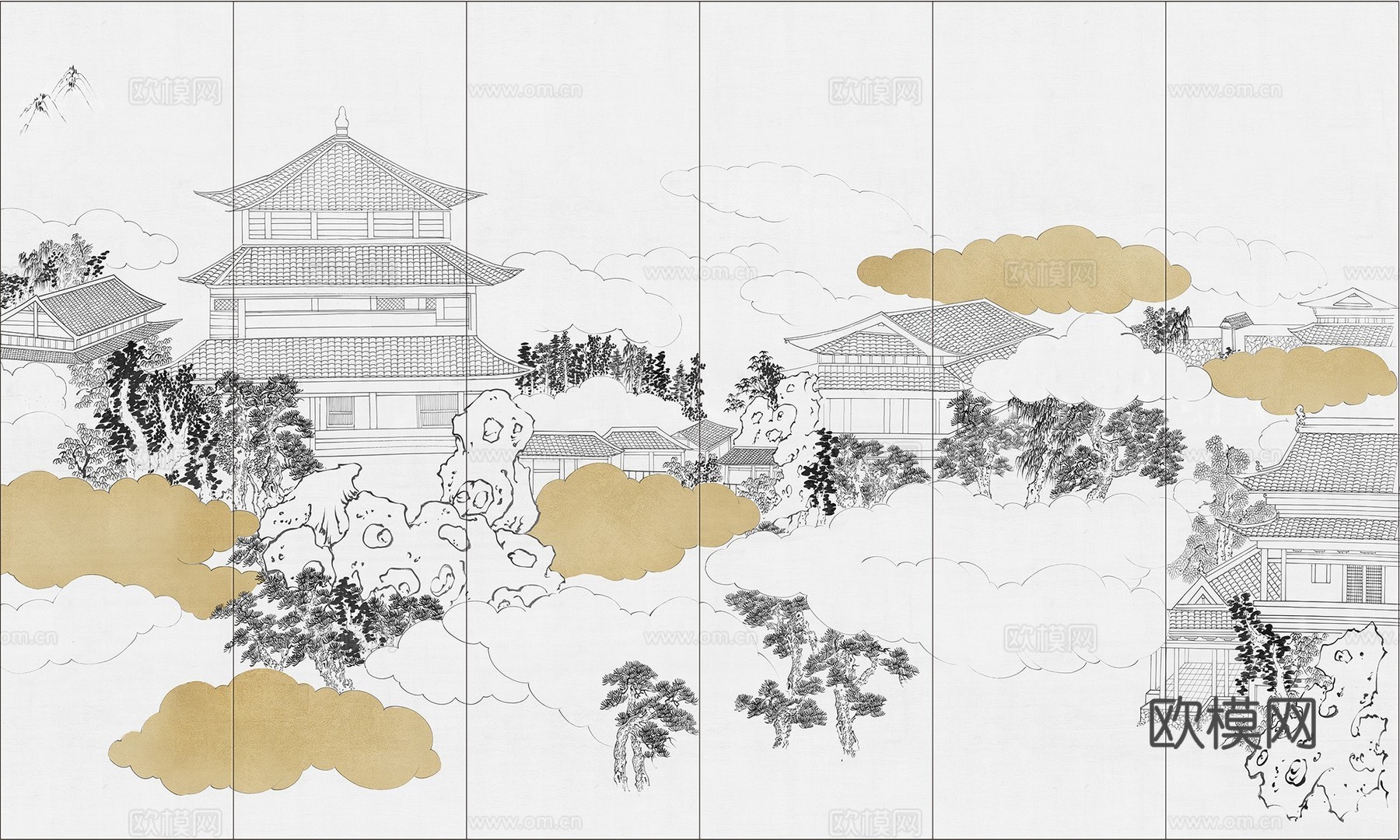 高清中式新中式山水建筑壁纸壁画