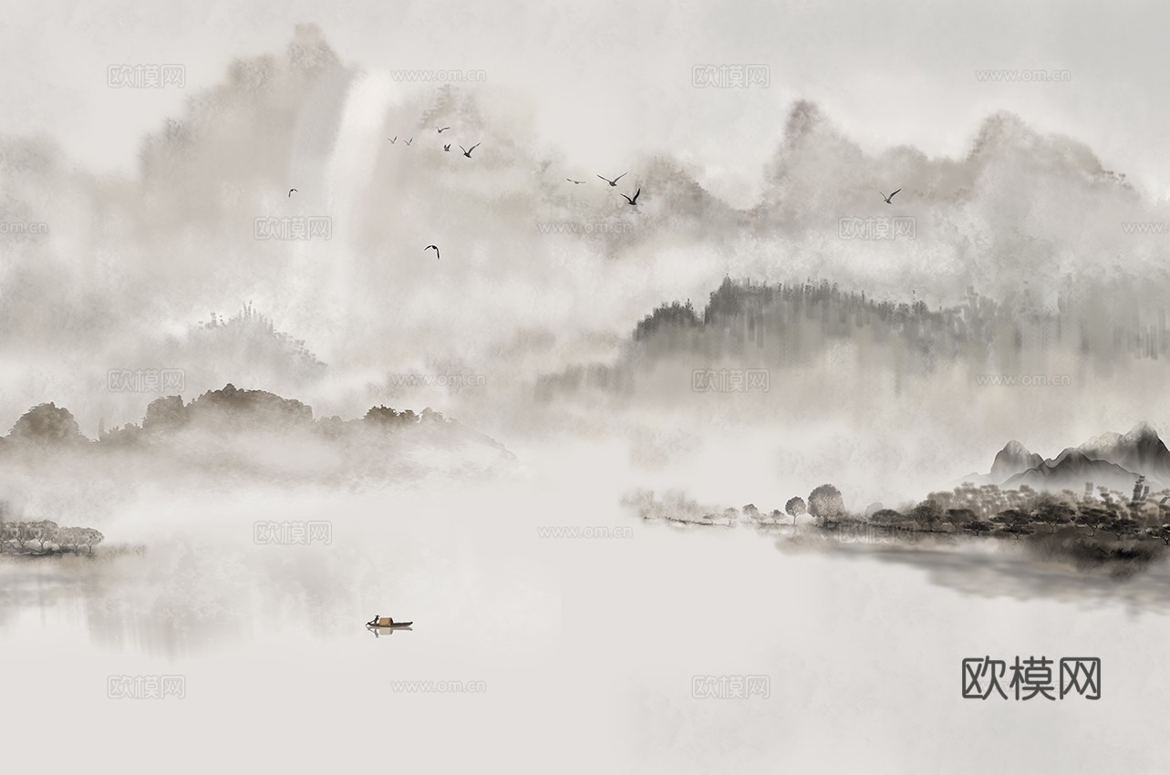 高清中式新中式山水壁纸壁画