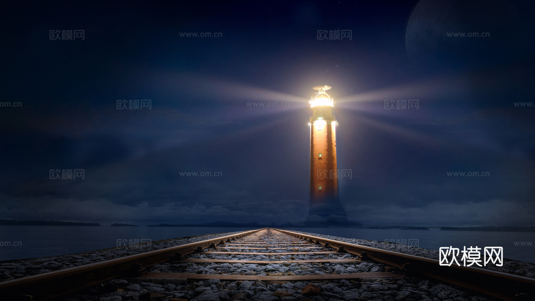 夜晚铁路灯塔风景
