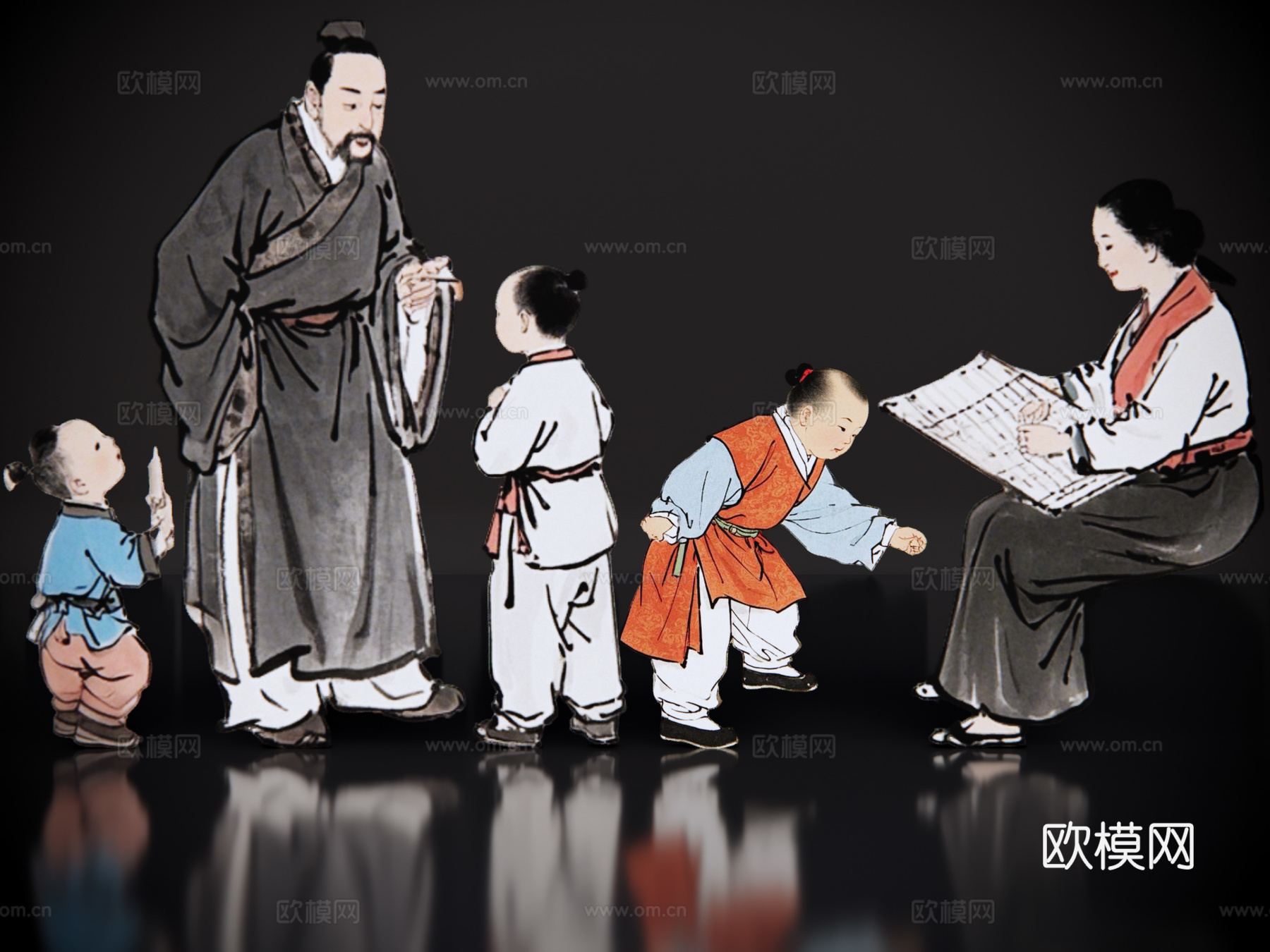 2D古装水墨人物 古装水墨一家人 古典水墨人物 古画一家人su模型