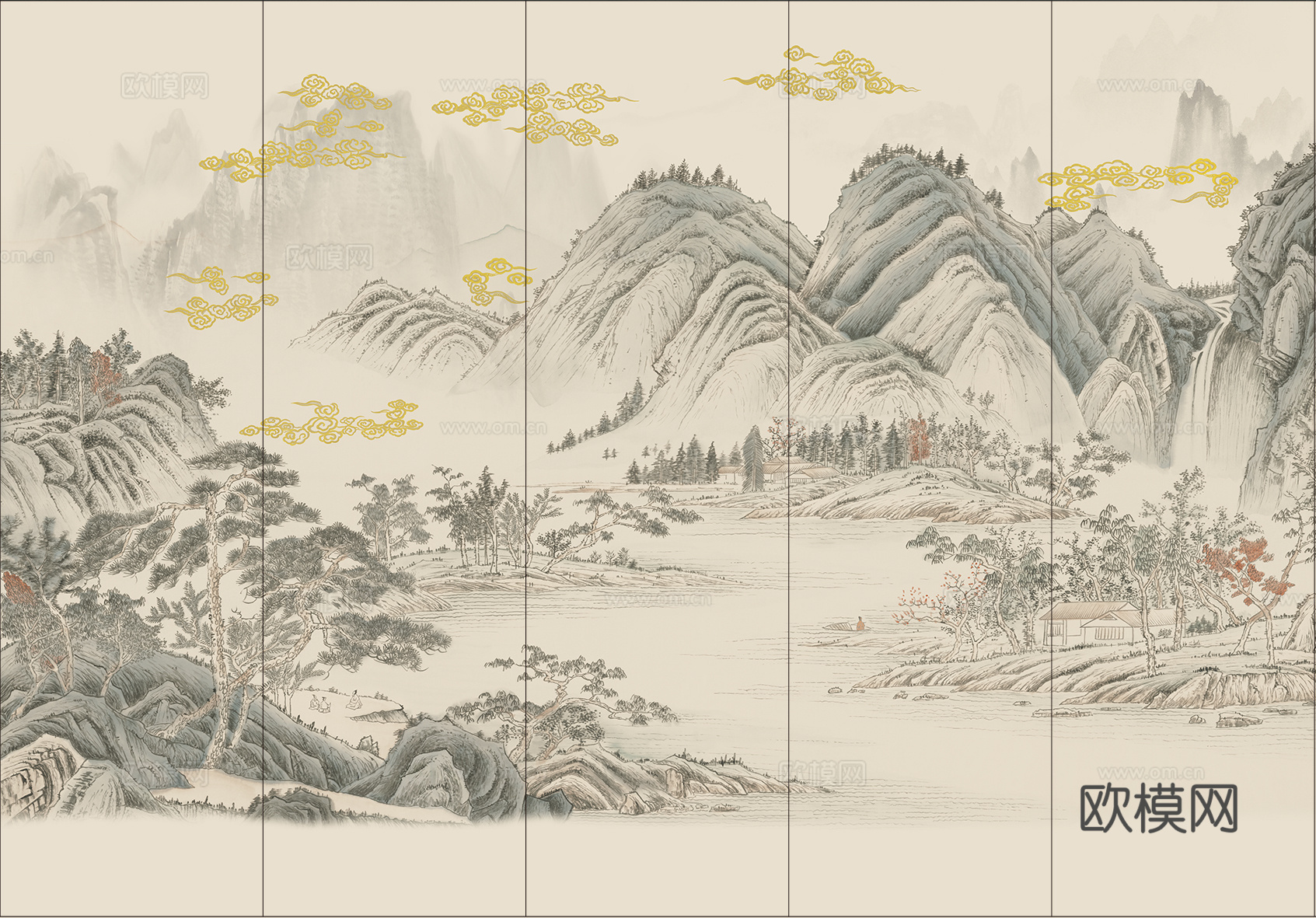 高清中式新中式山水建筑壁纸壁画