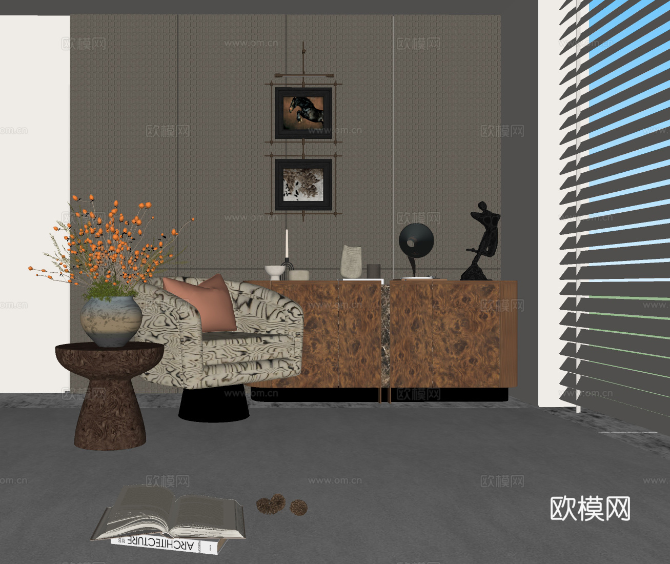 现代休闲椅 斗柜 花艺盆栽 摆件组合su模型