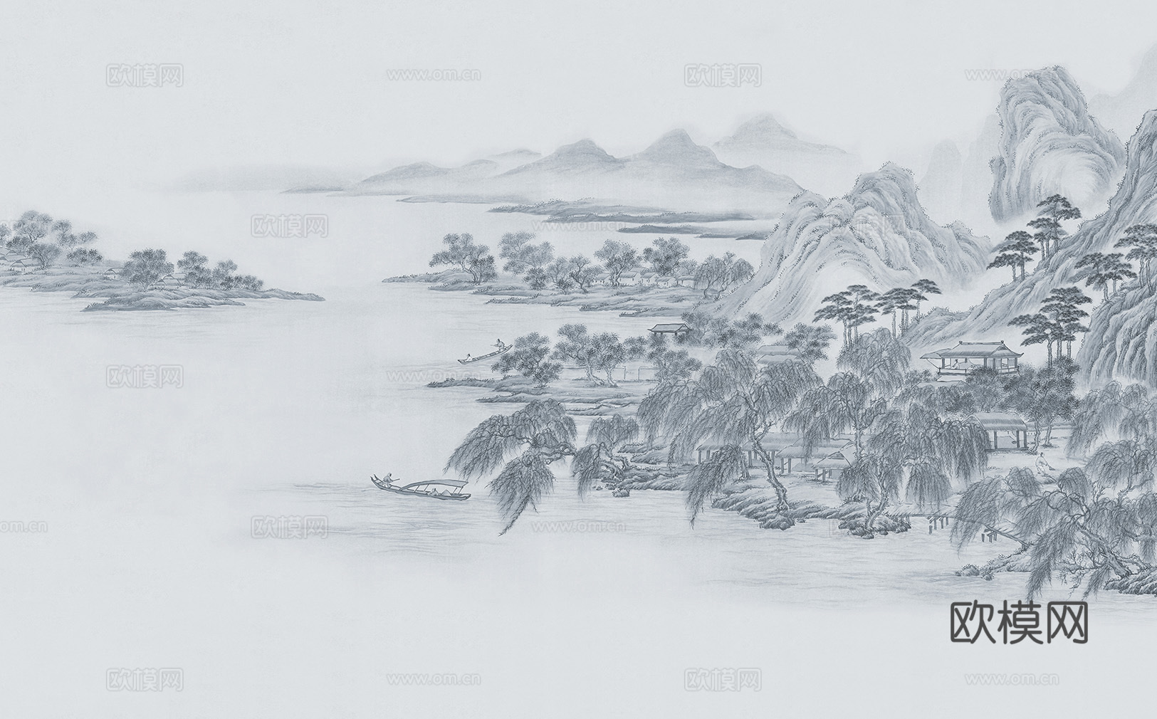 高清中式新中式山水建筑壁纸壁画