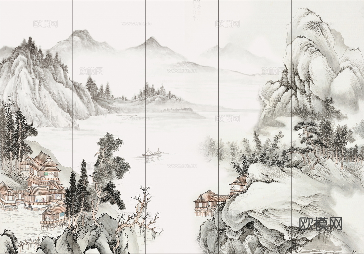 高清中式新中式山水建筑壁纸壁画