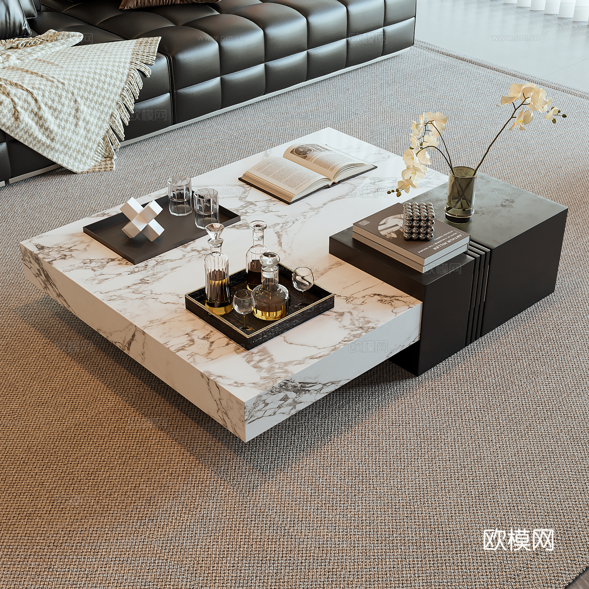 现代轻奢茶几 大理石茶几 方形茶几 沙发茶几组合 饰品摆件su模型