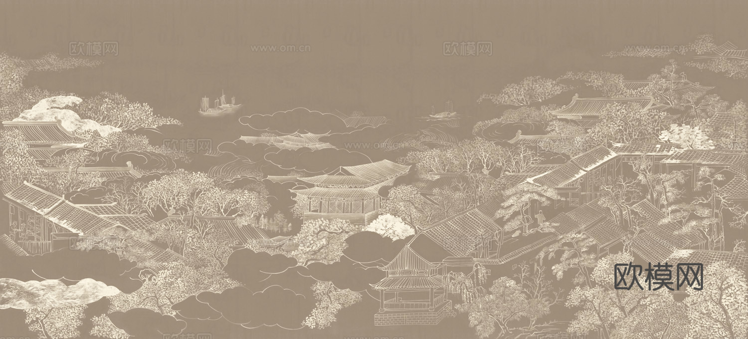 高清中式新中式山水建筑壁纸壁画