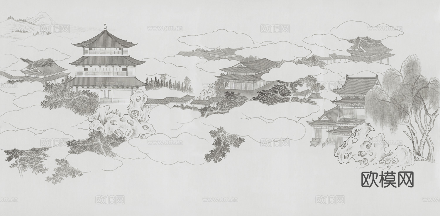 高清中式新中式山水建筑壁纸壁画