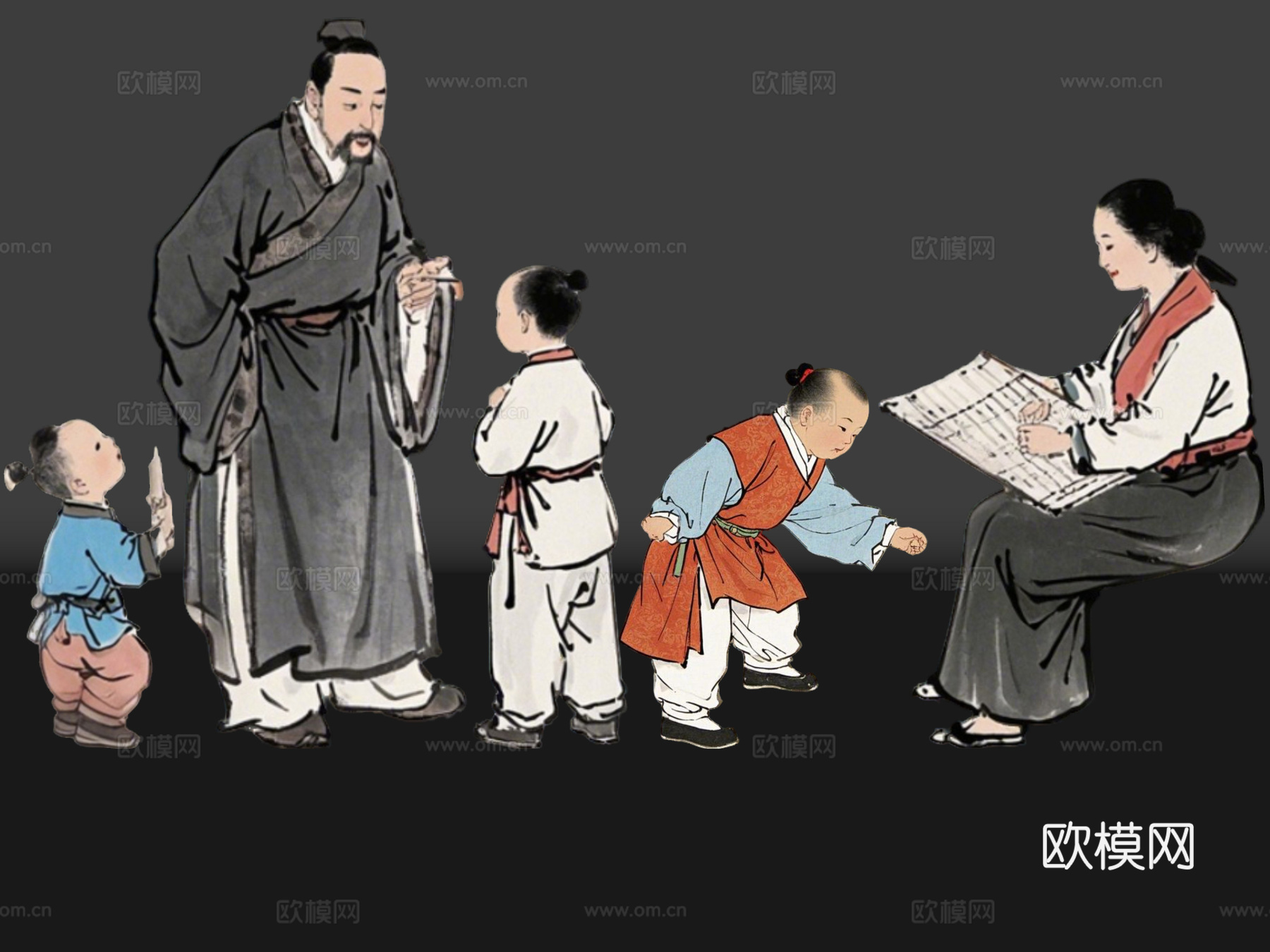 2D古装水墨人物 古装水墨一家人 古典水墨人物 古画一家人su模型