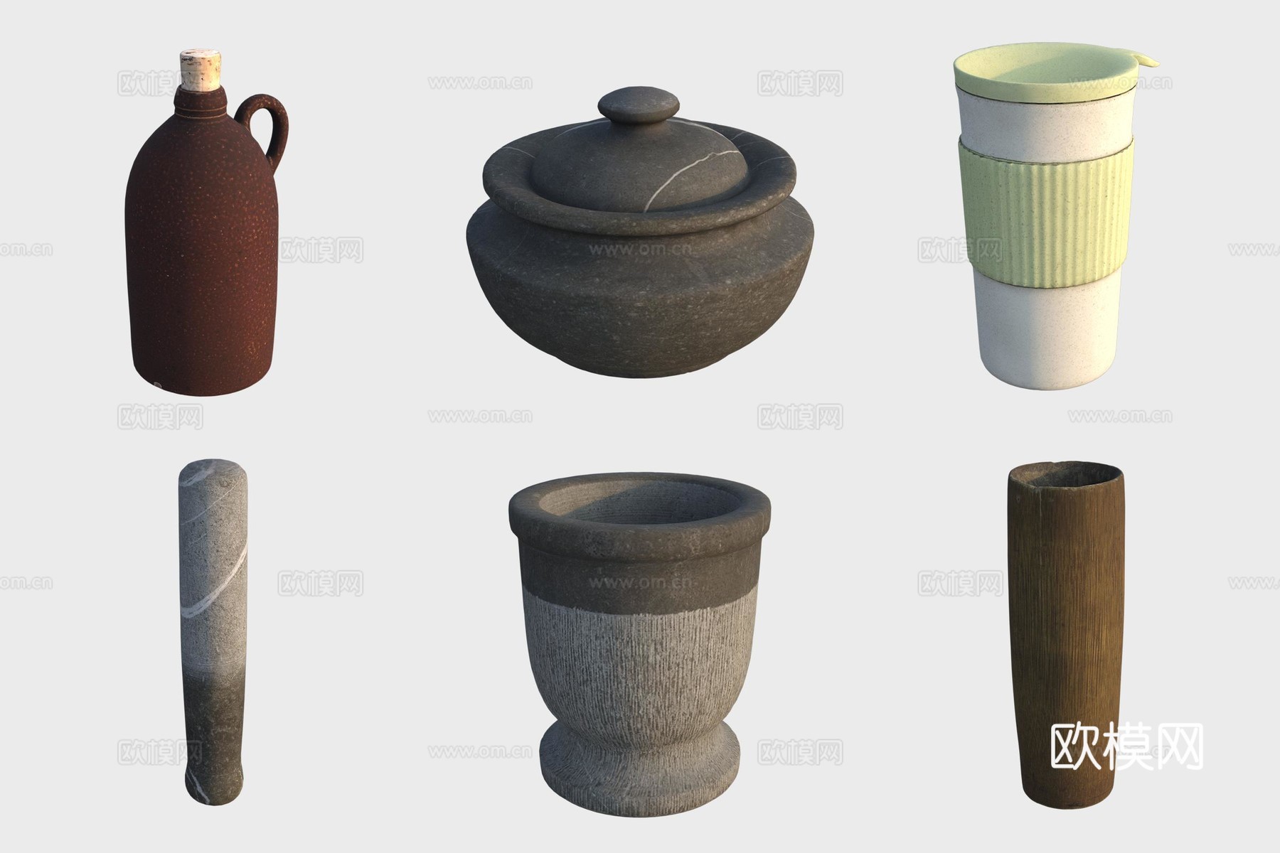 古代陶器陶艺酒瓶陶罐石锅木杯石臼3d模型