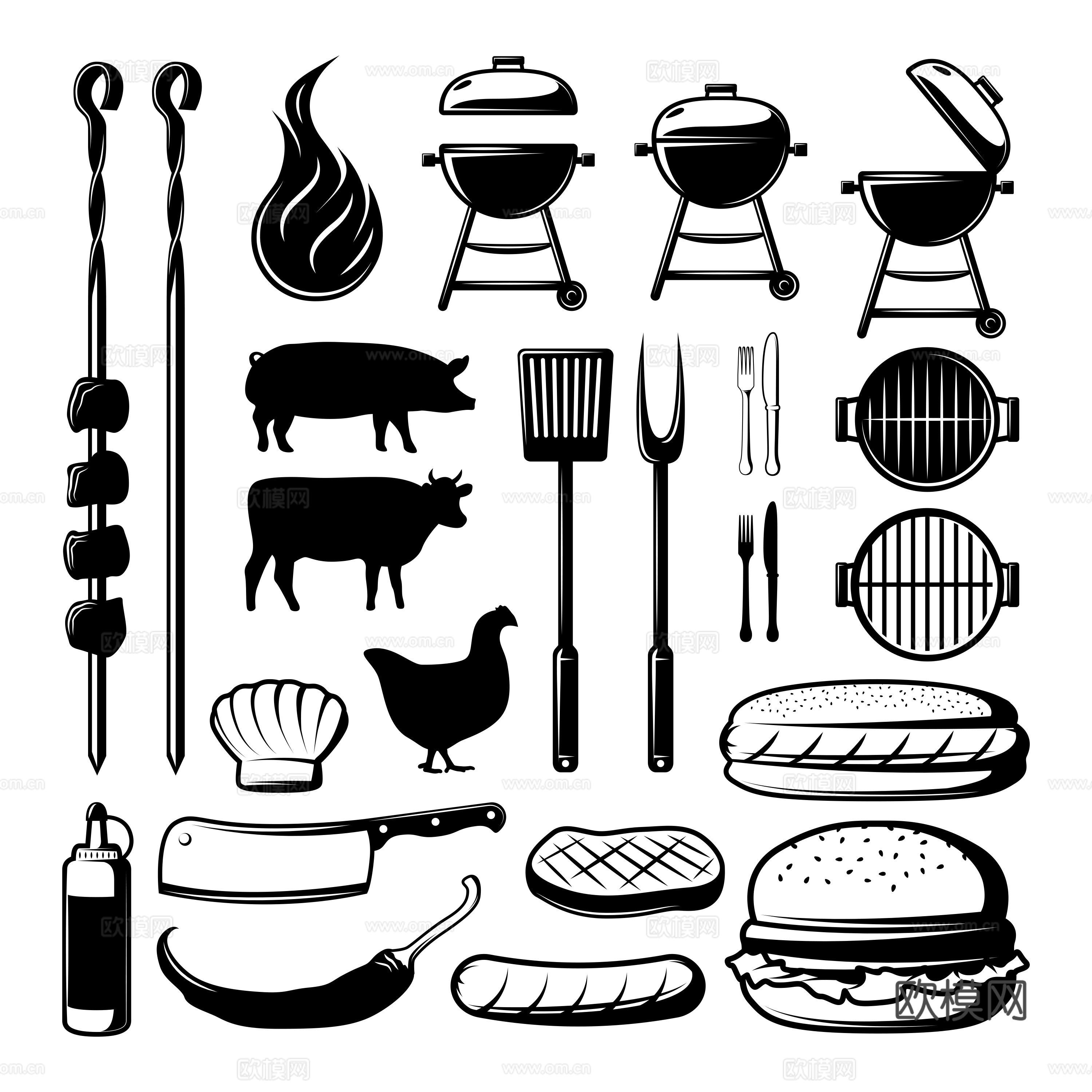 免抠烧烤小图标 烤肉小图标 烤架 调味料 烤盘 工具图标