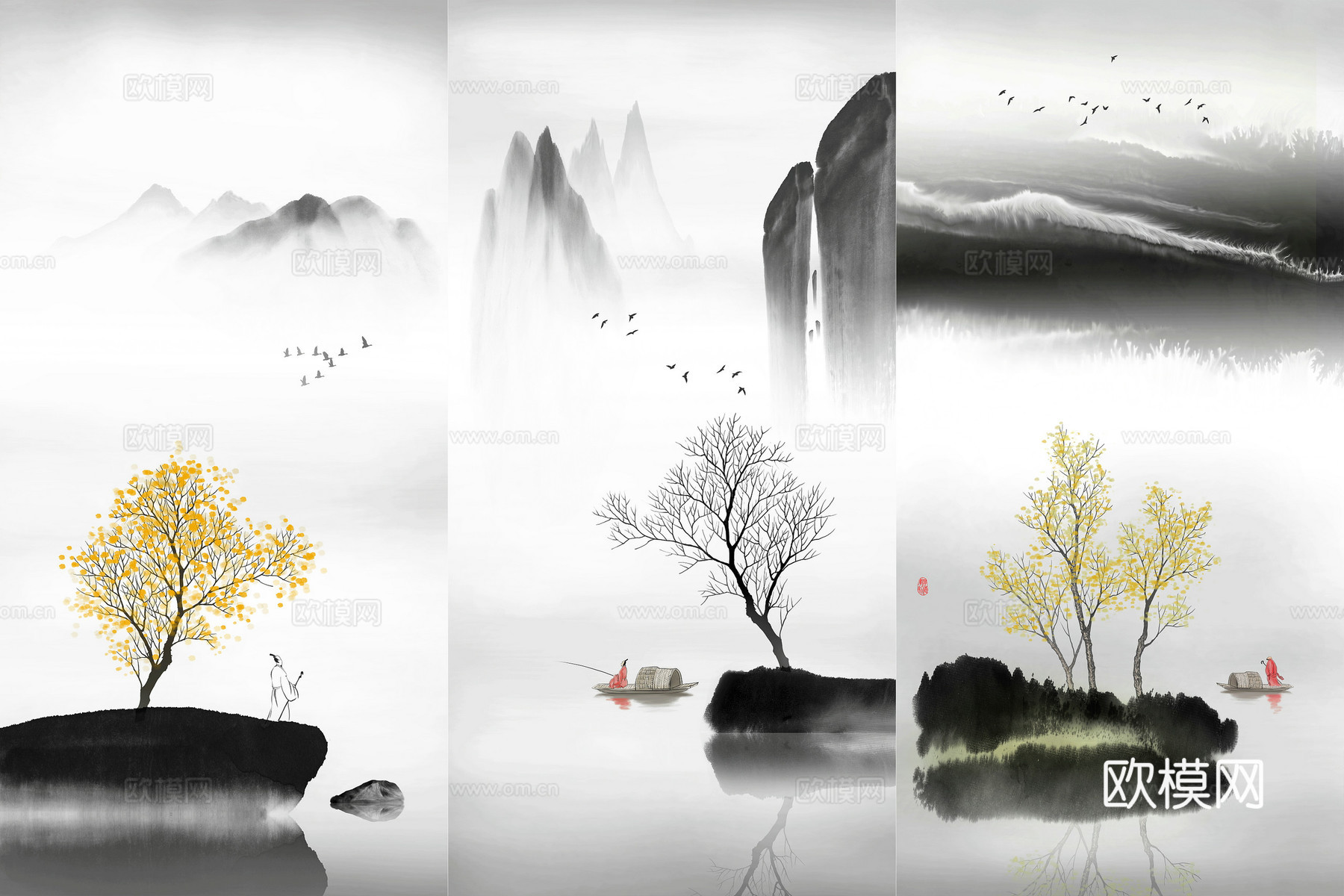 高清中式新中式山水水墨画