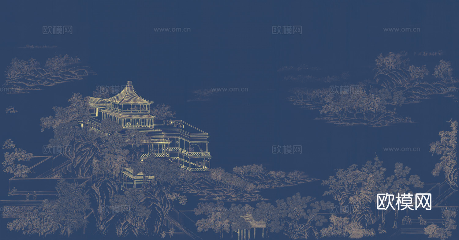 高清中式新中式山水建筑壁纸壁画