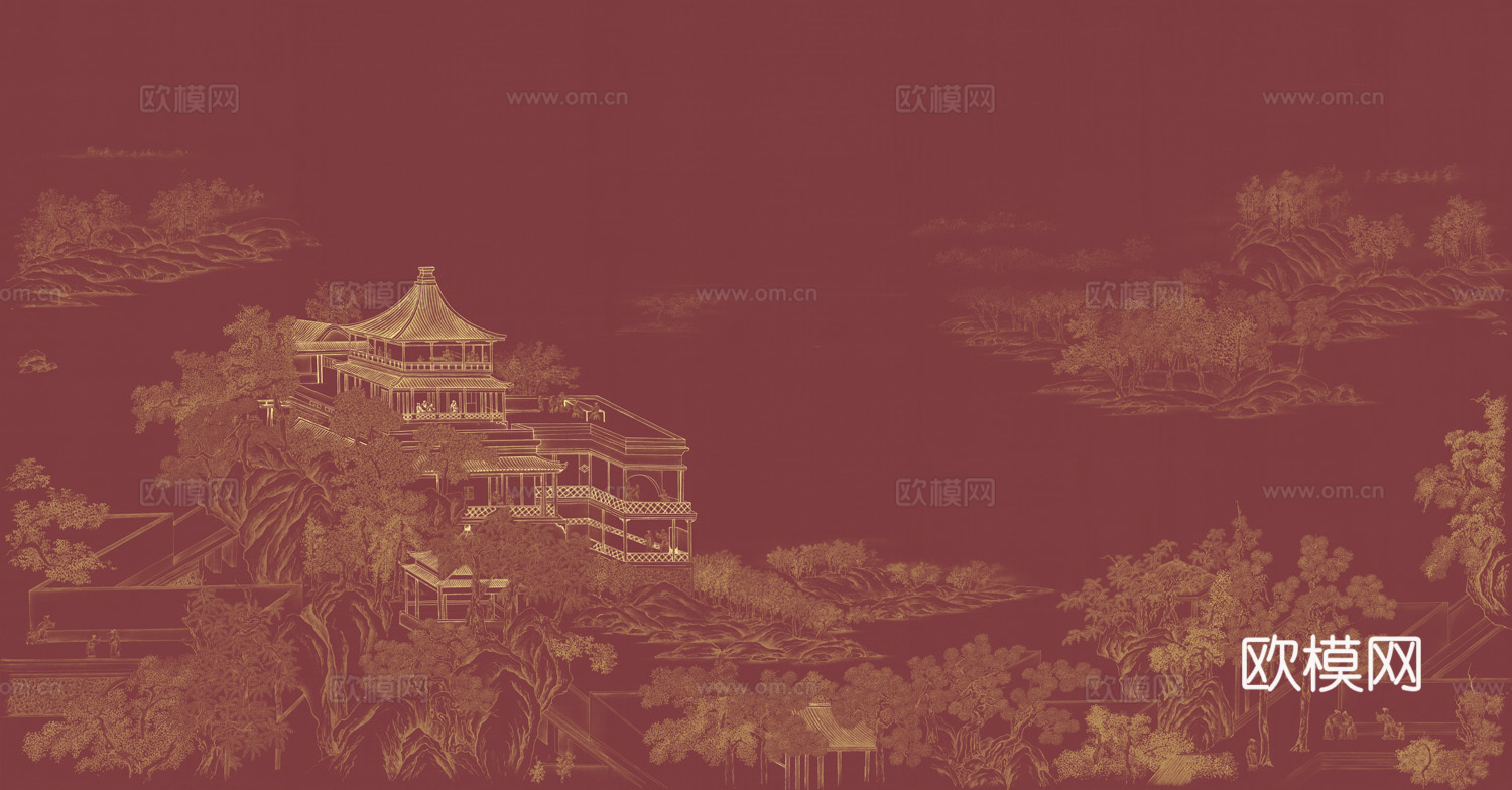 高清中式新中式山水建筑壁纸壁画