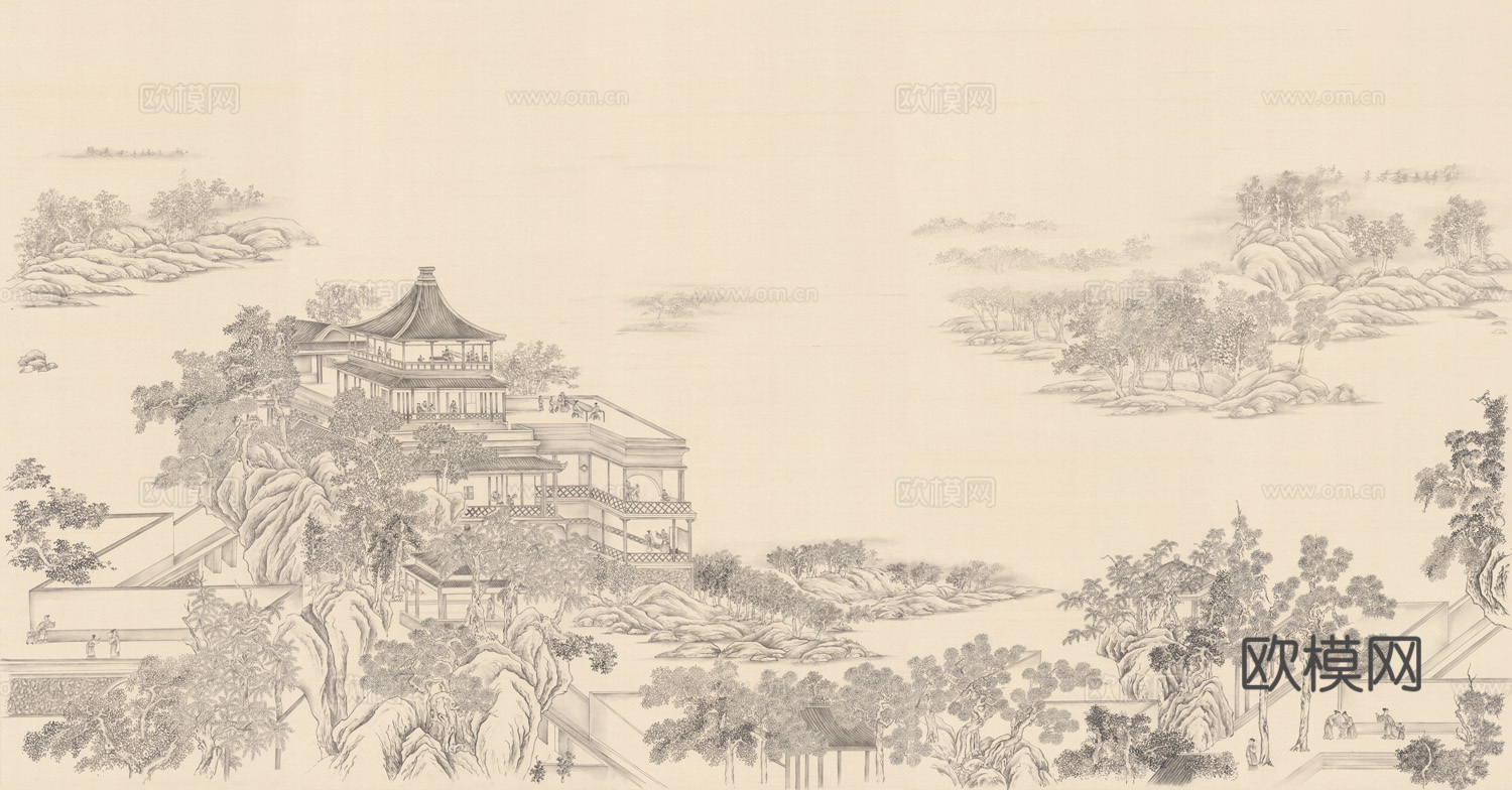 高清中式新中式山水建筑壁纸壁画