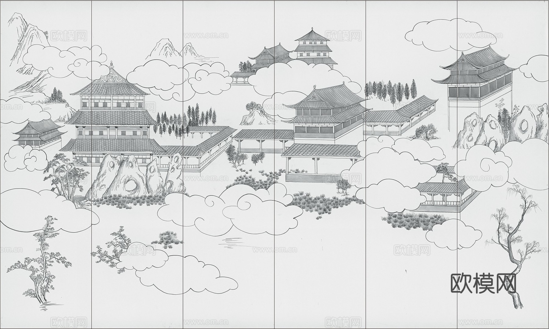 高清中式新中式山水建筑壁纸壁画