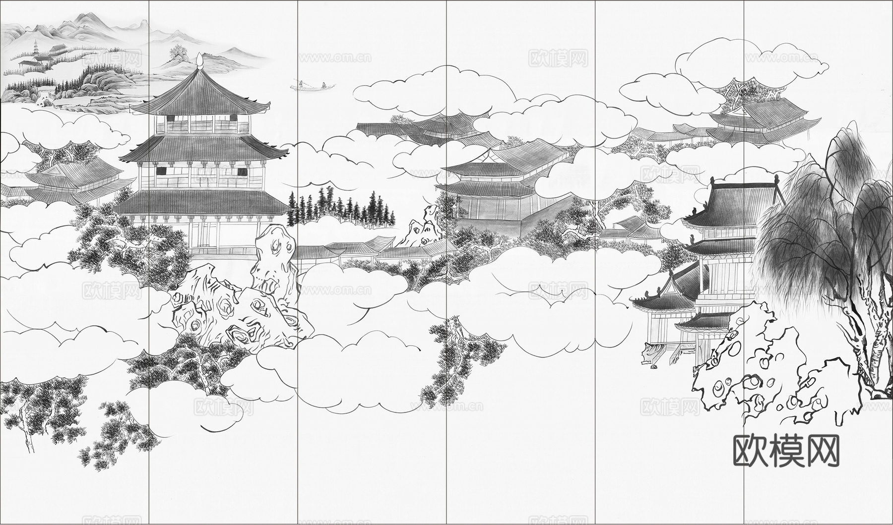 高清中式新中式山水建筑壁纸壁画