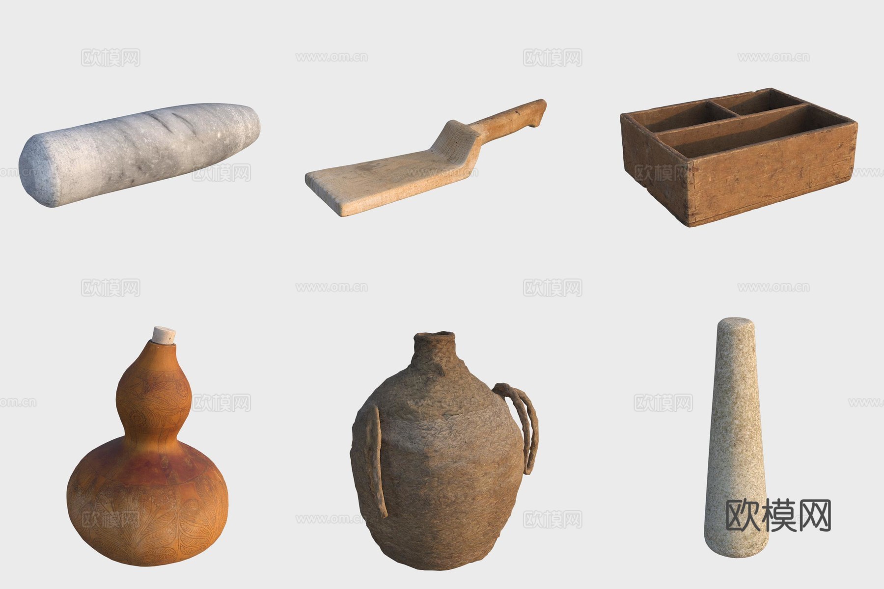 古代木制品厨房用具石臼锅铲葫芦酒壶陶罐3d模型