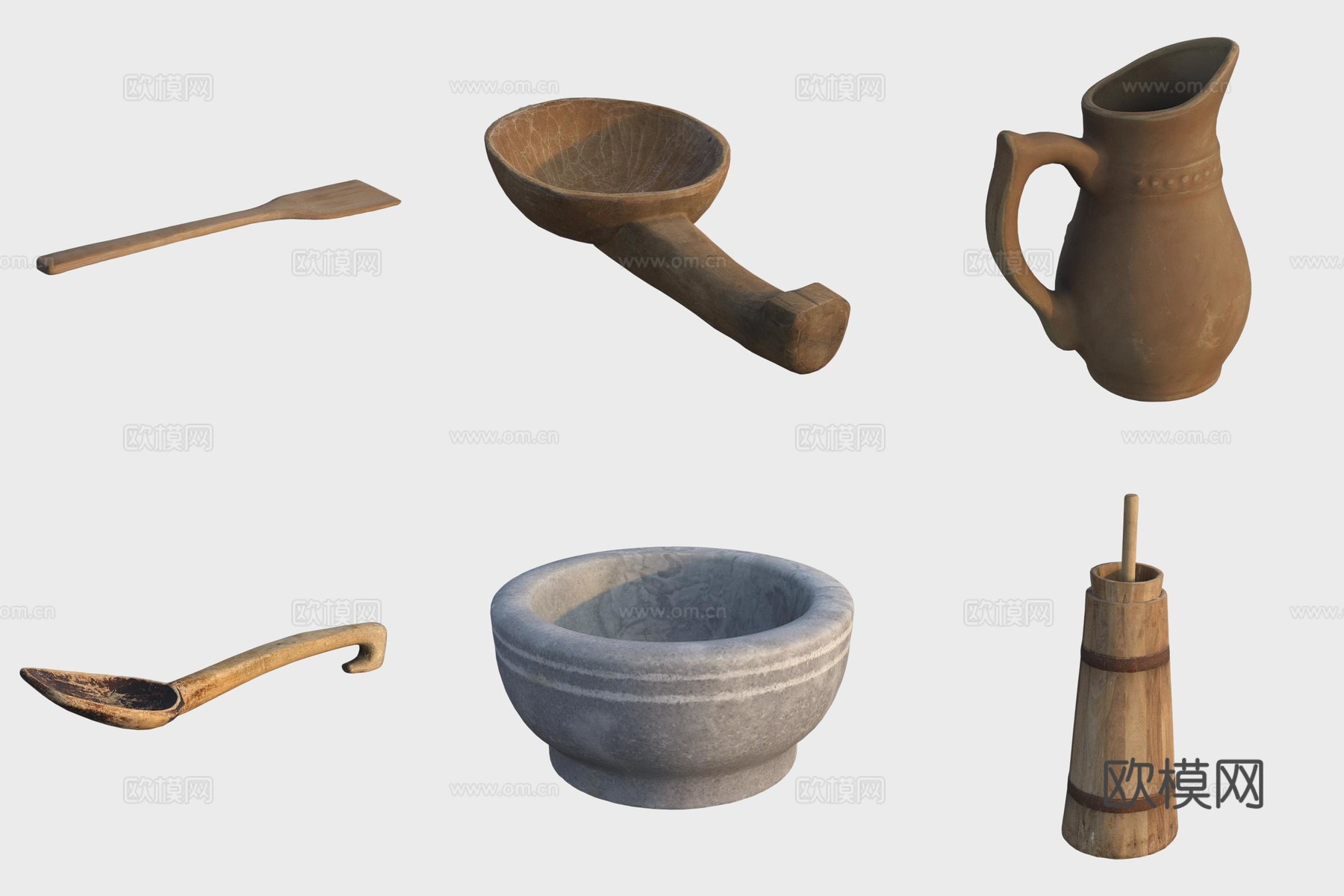 古代木制品厨房用具石臼锅铲水瓢木瓢陶罐3d模型