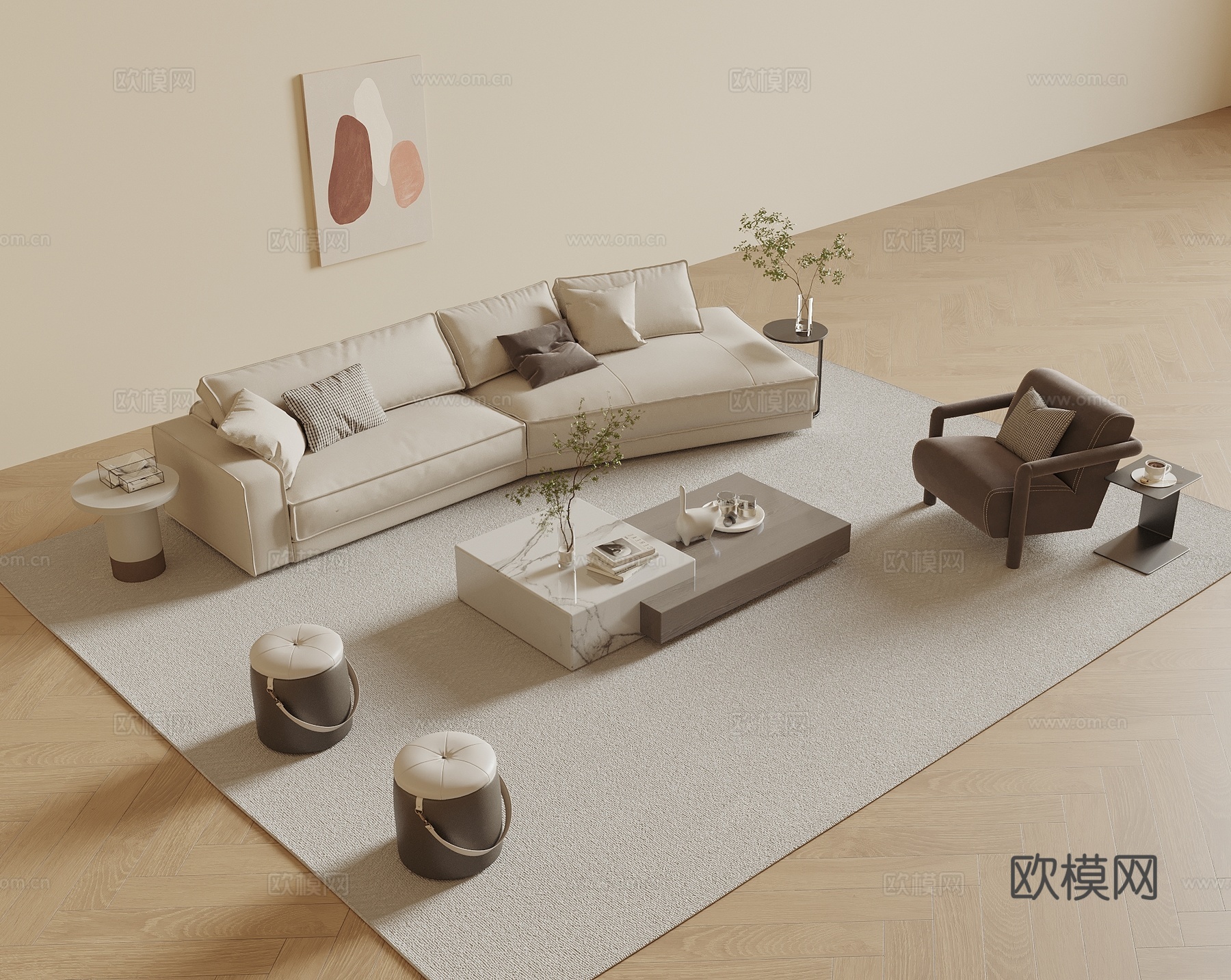 现代沙发茶几组合 弧形沙发 单人沙发 沙发凳 客厅沙发3d模型