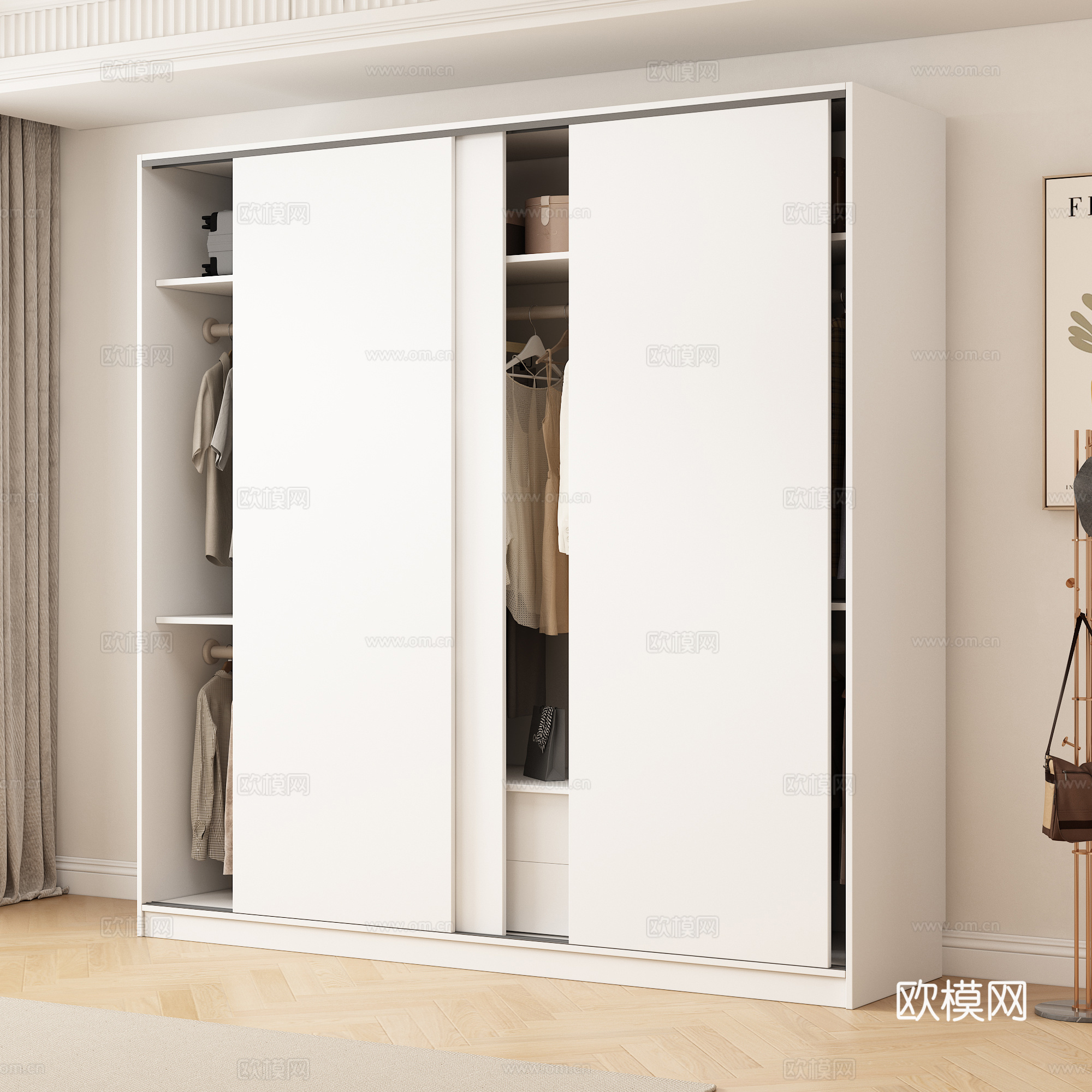 现代推拉门衣柜 衣服 挂衣杆 装饰画 衣柜内部su模型