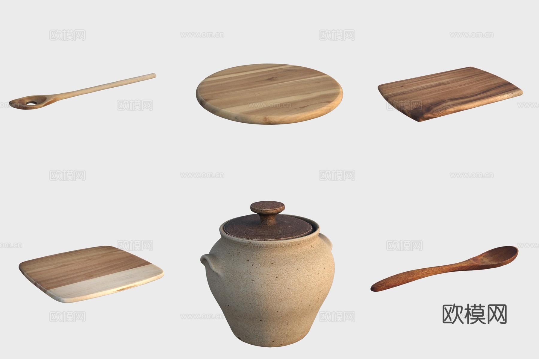 古代厨房用具陶罐陶艺木制品菜板木勺3d模型