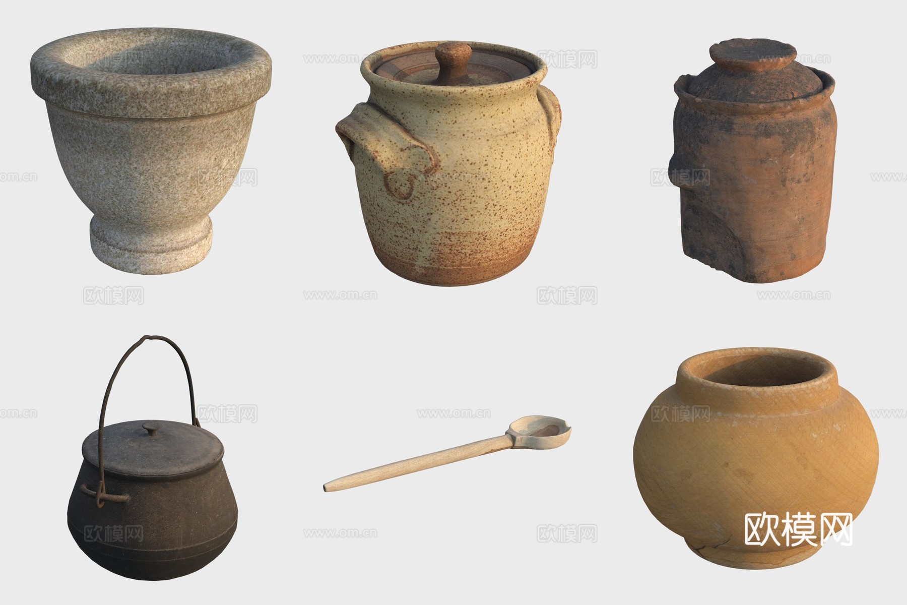 古代厨房用具石臼陶罐铁锅陶艺3d模型