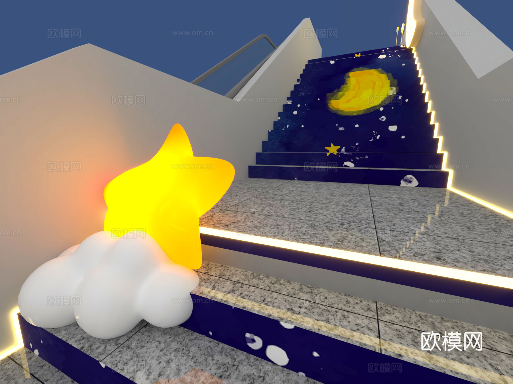 星星台阶景观 云朵商业街楼梯 天气图标高差台地 下沉台阶夜光3d模型