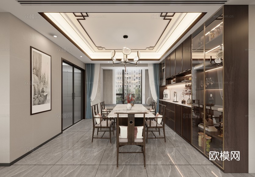 新中式客餐厅3d模型下载_ID15749877_3dmax免费模型-欧模网